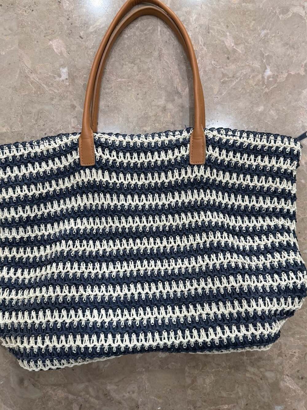 H&M Woven Straw Striped Tote Bag with Tan Handles